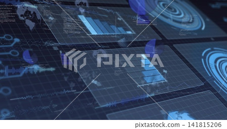 Displaying translucent data panels in 3D dashboard, showing bar charts, globe icons, radar Displaying translucent data panels in 3D dashboard, showing bar charts, globe icons, radar 141815206