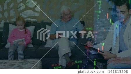 Sitting at home, pink-sweater child using tablet, senior reading paper, overlay blazer charts Sitting at home, pink-sweater child using tablet, senior reading paper, overlay blazer charts 141815208