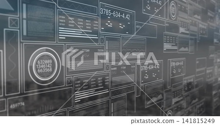 Displaying transparent HUD panels and widgets on high-rise glass, showing gauge and charts Displaying transparent HUD panels and widgets on high-rise glass, showing gauge and charts 141815249