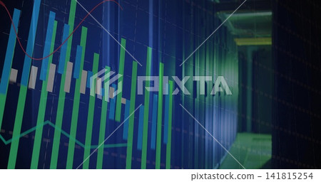 Displaying data chart over server corridor, showing green blue candles, red cyan lines, gridlines Displaying data chart over server corridor, showing green blue candles, red cyan lines, gridlines 141815254