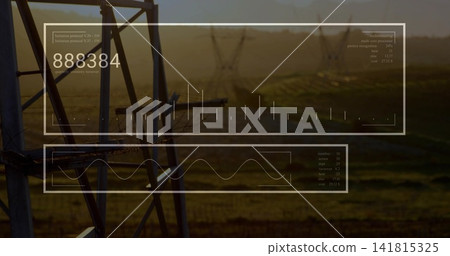 Displaying steel pivot tower left, stretching arm over rows at golden hour, HUD 888384, copy space Displaying steel pivot tower left, stretching arm over rows at golden hour, HUD 888384, copy space 141815325