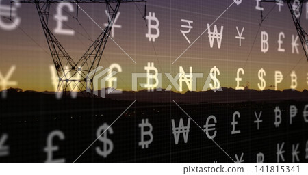 Silhouetting steel lattice power tower rising over sunset ridge, with grid and currency symbols Silhouetting steel lattice power tower rising over sunset ridge, with grid and currency symbols 141815341