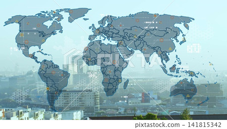 Displaying stylized world map overlay over city skyline from rooftop view, showing data markers Displaying stylized world map overlay over city skyline from rooftop view, showing data markers 141815342