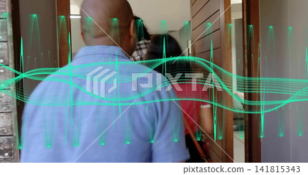 Walking bald man in light-blue shirt moving through residence corridor, with green waveform overlay 141815343