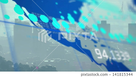 Stretching translucent blue overlay across city skyline, showing turquoise markers and readout 141815344