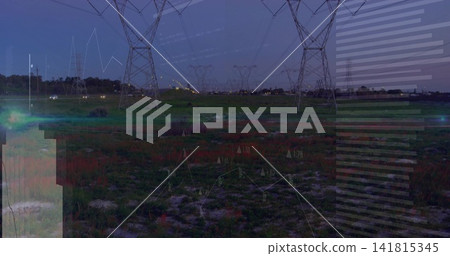 Running high voltage steel towers and lines across utility corridor at dusk, with digital banding Running high voltage steel towers and lines across utility corridor at dusk, with digital banding 141815345