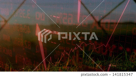 Displaying financial chart overlay with upward arrow, grid over farmland with fence and towers Displaying financial chart overlay with upward arrow, grid over farmland with fence and towers 141815347