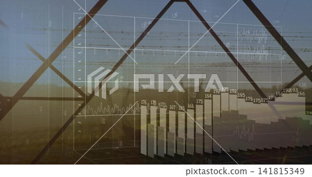 Showing transparent 3D bars overlaying hills within diagonal metal beams, with waveforms and labels 141815349