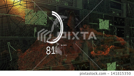 Displaying central circular gauge with land silhouette and numeric readout 81 on control console Displaying central circular gauge with land silhouette and numeric readout 81 on control console 141815350