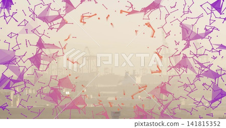 Showing central cargo ship and gantry cranes emerging through haze at port, with magenta polygons 141815352