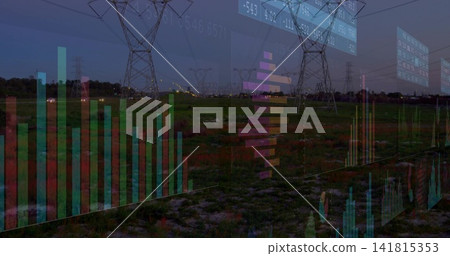 Showing high-voltage towers and power lines crossing grassy field with bare soil and data overlays Showing high-voltage towers and power lines crossing grassy field with bare soil and data overlays 141815353