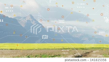 Showing bright yellow canola field stretching across rural valley with fence posts and HUD overlays 141815356