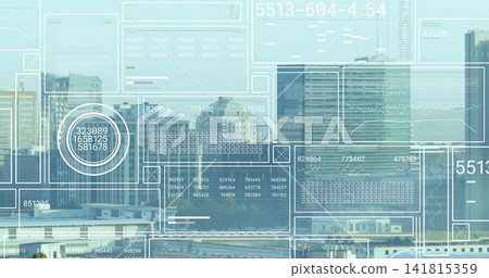 Displaying city skyline centered over downtown, showing high-rise towers rooftops roads HUD panels Displaying city skyline centered over downtown, showing high-rise towers rooftops roads HUD panels 141815359