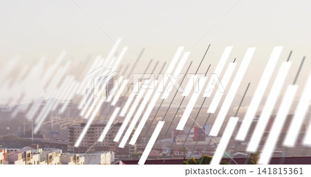 Showing slanted white bars overlaying hazy coastal skyline, featuring highway and cargo ship 141815361