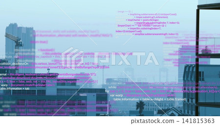 Overlaying semi-transparent purple-pink code across mid-level skyline, with multi-story buildings Overlaying semi-transparent purple-pink code across mid-level skyline, with multi-story buildings 141815363