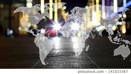 Overlaying world map outline covering asphalt at night, reflecting headlights, bokeh and lens flare Overlaying world map outline covering asphalt at night, reflecting headlights, bokeh and lens flare 141815367