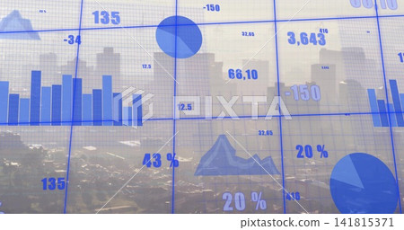 Showing blue data overlay covering city skyline through glass panel with bar, pie charts and labels 141815371