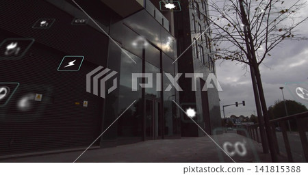 Showing modern office building facade reflecting overcast sky on sidewalk, with floating AR icons Showing modern office building facade reflecting overcast sky on sidewalk, with floating AR icons 141815388