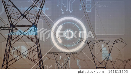 Displaying steel pylons and power lines at dusk, overlaying HUD rings, circuit traces, data panels Displaying steel pylons and power lines at dusk, overlaying HUD rings, circuit traces, data panels 141815393