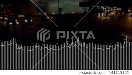 Displaying audio visualizer pulsing across highway at night, showing headlights and taillights Displaying audio visualizer pulsing across highway at night, showing headlights and taillights 141815395