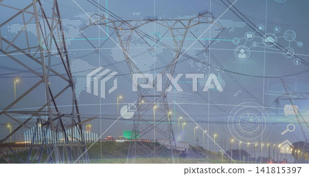 Dominating lattice towers spanning utility corridor at dusk, with power lines and digital overlay Dominating lattice towers spanning utility corridor at dusk, with power lines and digital overlay 141815397