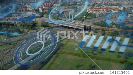 Showing main railway junction with blue HUD overlay from aerial rail corridor, tracks and overpass Showing main railway junction with blue HUD overlay from aerial rail corridor, tracks and overpass 141815401