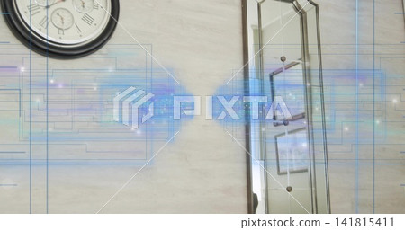 Displaying central blue digital overlay glowing on beige wall, showing clock and mirror reflection Displaying central blue digital overlay glowing on beige wall, showing clock and mirror reflection 141815411