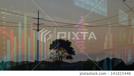 Showing utility pole with crossarms and lines beside tree over suburban dusk, with market charts Showing utility pole with crossarms and lines beside tree over suburban dusk, with market charts 141815446