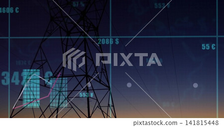 Silhouetting steel-lattice tower against dusk sky, showing power lines and grid overlay Silhouetting steel-lattice tower against dusk sky, showing power lines and grid overlay 141815448