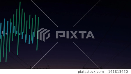 Displaying teal aqua bars at dusk, towers, tilted power lines, low horizon glow, copy space Displaying teal aqua bars at dusk, towers, tilted power lines, low horizon glow, copy space 141815450