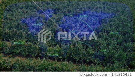 Showing orchard canopy receiving blue overlay from drone, with access path, cyan arcs, green labels Showing orchard canopy receiving blue overlay from drone, with access path, cyan arcs, green labels 141815451