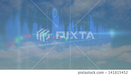 Floating translucent candlesticks overlaying sky, showing blue histogram, grid and flare Floating translucent candlesticks overlaying sky, showing blue histogram, grid and flare 141815452