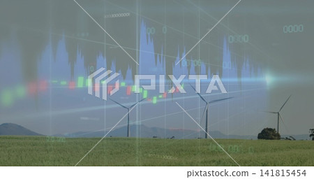 Merging three wind turbines with candlestick and blue line charts over grassy field, light streak Merging three wind turbines with candlestick and blue line charts over grassy field, light streak 141815454
