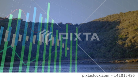 Projecting translucent financial chart over river and tree-covered hillside, with candlesticks Projecting translucent financial chart over river and tree-covered hillside, with candlesticks 141815456