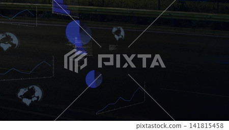 Overlaying roadway at night with faint blue pie charts line graphs globes code guardrail bushes Overlaying roadway at night with faint blue pie charts line graphs globes code guardrail bushes 141815458
