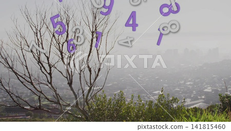 Standing bare tree framing hazy hillside, overlooking rooftops with floating purple-gray numerals Standing bare tree framing hazy hillside, overlooking rooftops with floating purple-gray numerals 141815460
