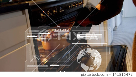 Removing dark-sleeved arm with black oven mitt pulling pot from oven in kitchen, with HUD graphics 141815472