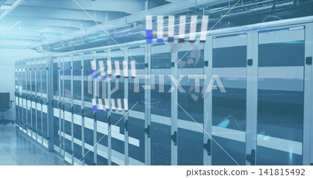 Displaying glass racks extending along data center aisle, showing LED lights and office chair left Displaying glass racks extending along data center aisle, showing LED lights and office chair left 141815492