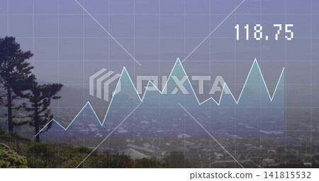 Displaying cyan line chart with white grid across hazy hillside, 118 Displaying cyan line chart with white grid across hazy hillside, 118 141815532