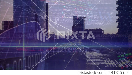 Blending urban skyline and elevated road at dusk, showing light trails, binary charts Blending urban skyline and elevated road at dusk, showing light trails, binary charts 141815534