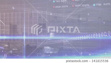 Displaying digital data overlay over skyline, with binary stream, glowing band, chart gridlines Displaying digital data overlay over skyline, with binary stream, glowing band, chart gridlines 141815536