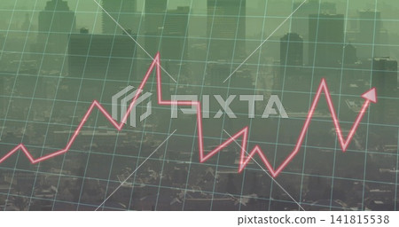 Showing magenta jagged line graph cutting across teal city skyline at rooftops, grid overlay Showing magenta jagged line graph cutting across teal city skyline at rooftops, grid overlay 141815538