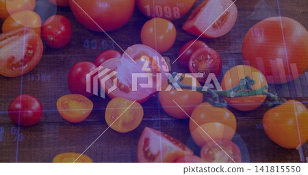 Showcasing cluster of assorted tomatoes sliced and whole on dark wooden board, with data overlays Showcasing cluster of assorted tomatoes sliced and whole on dark wooden board, with data overlays 141815550