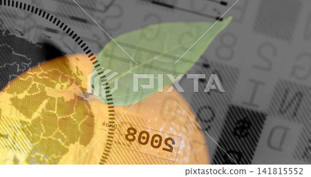 Showing orange fruit with green leaf filling center in digital collage, globe gauge 8002-stamp 141815552