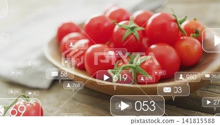 Featuring wooden bowl of red cherry tomatoes with green stems on rustic wood table, social overlays Featuring wooden bowl of red cherry tomatoes with green stems on rustic wood table, social overlays 141815588