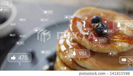 Showing 3-pancake stack with maple syrup on dark plate at cafe, 3 blueberries, overlays, copy space Showing 3-pancake stack with maple syrup on dark plate at cafe, 3 blueberries, overlays, copy space 141815596