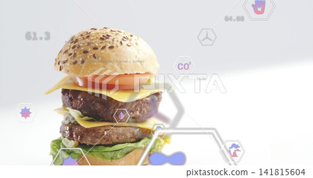 Showing double burger shining on white surface, with sesame bun, two patties and hexagon CO2 icons Showing double burger shining on white surface, with sesame bun, two patties and hexagon CO2 icons 141815604