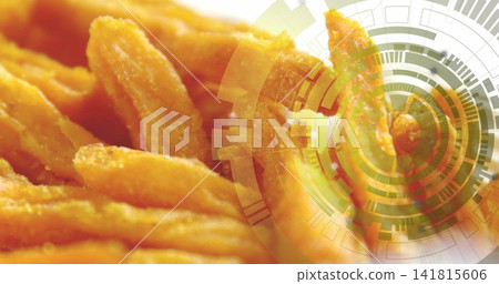 Filling frame, ridged golden chips showing crumbs in studio close-up, with circular tech overlay Filling frame, ridged golden chips showing crumbs in studio close-up, with circular tech overlay 141815606