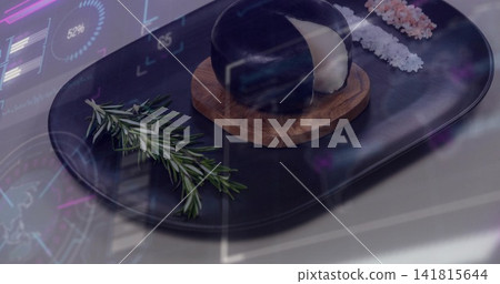 Showing black oval platter on table holding glossy dome on coaster, rosemary white or pink salts HUD Showing black oval platter on table holding glossy dome on coaster, rosemary white or pink salts HUD 141815644