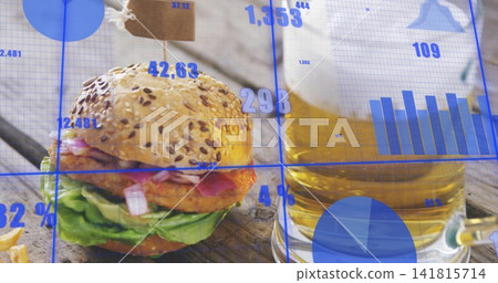 Displaying seeded burger with paper tag sitting on wooden table, with beer mug, fries, data overlay Displaying seeded burger with paper tag sitting on wooden table, with beer mug, fries, data overlay 141815714